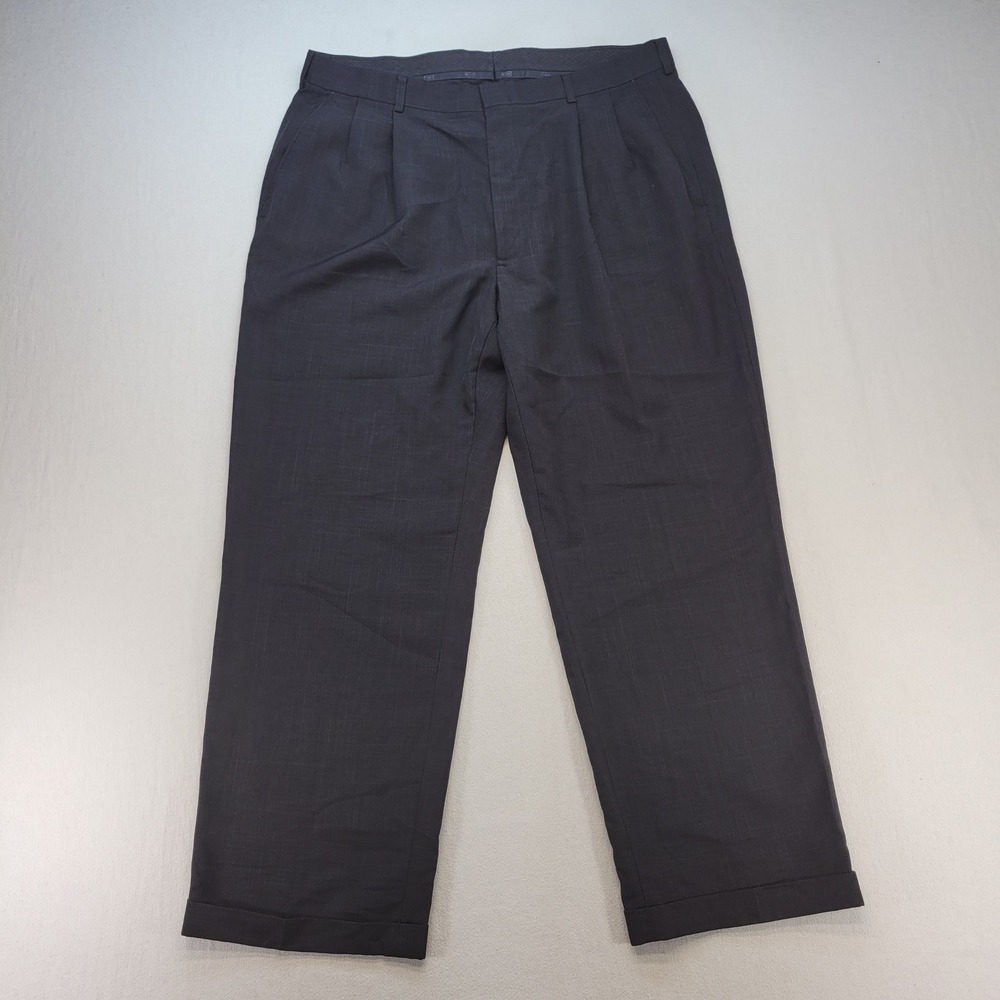 Haggar Dress Pants Mens 36x29 Charcoal Gray Pleated Pinstripe Cuffed Trousers